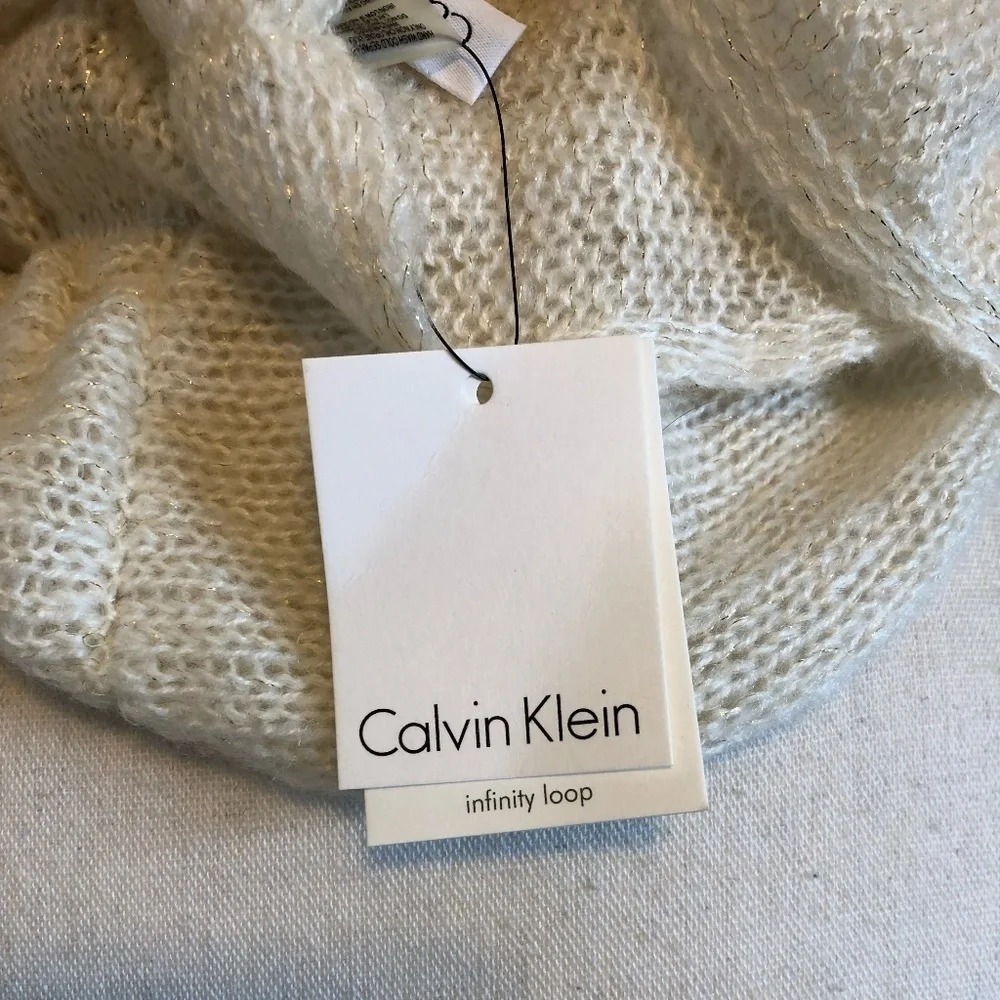 Calvin Klein scarf ruffled infinity loop airy open-knit stretch metallic gold
